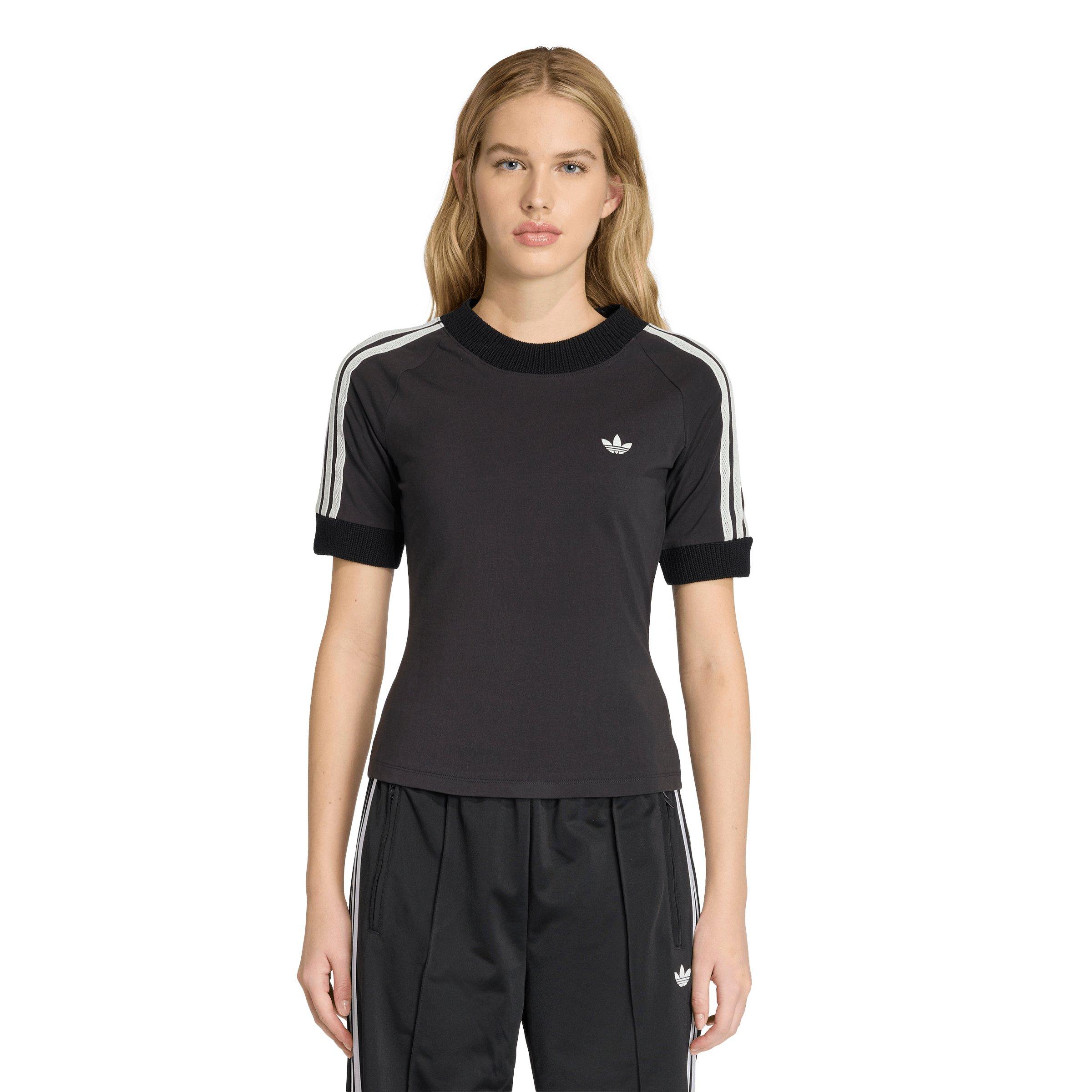 adidas Originals Women's Cali Knitted Crochet Details T-Shirt - Black - BLACK